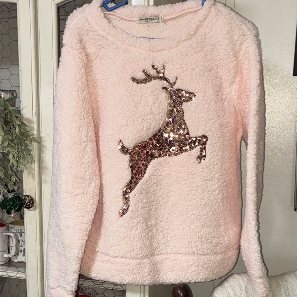 Pink Fleece Sweater with Sequin Reindeer